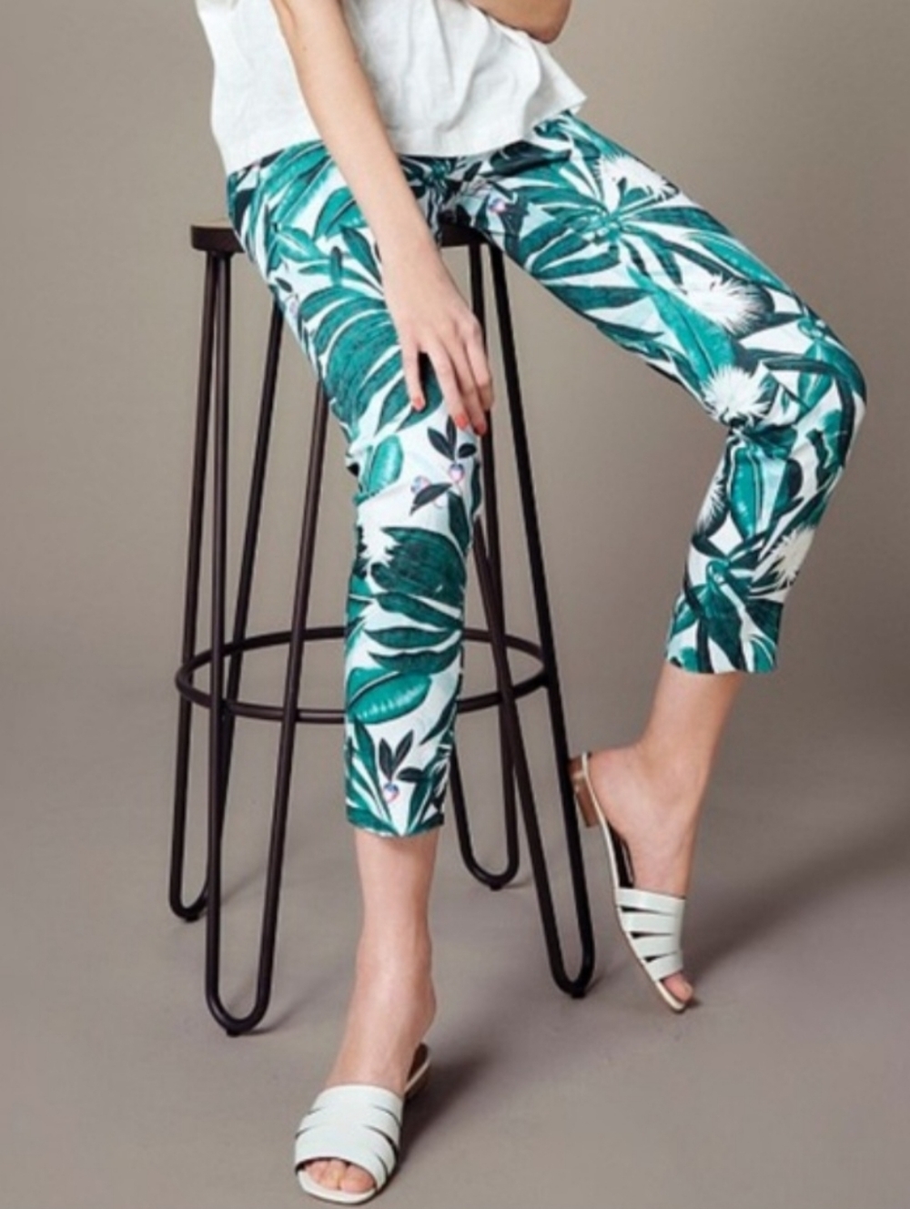 Ana Glover × H&M Tropical Print Cigarette Pants Green White Women's 14 Plus